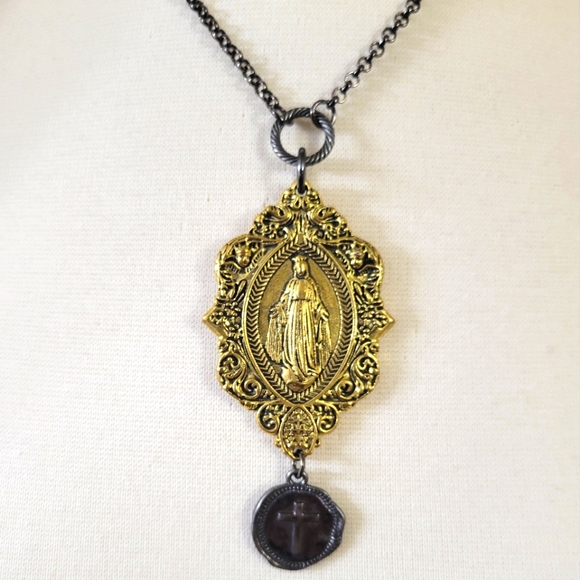 Beautiful Handmade Virgin Mary Religious Charm Necklace in Gold and Gunmetal - Picture 7 of 11